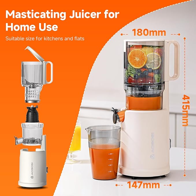 Slow Cold Press Juicer Machine: Electric Masticating Juicer Extractor Easy Clean - 5.4" Extra Large Feed Chute Fit Whole Fruits & Vegetables - Cold Pressed Slow Blender Juicer