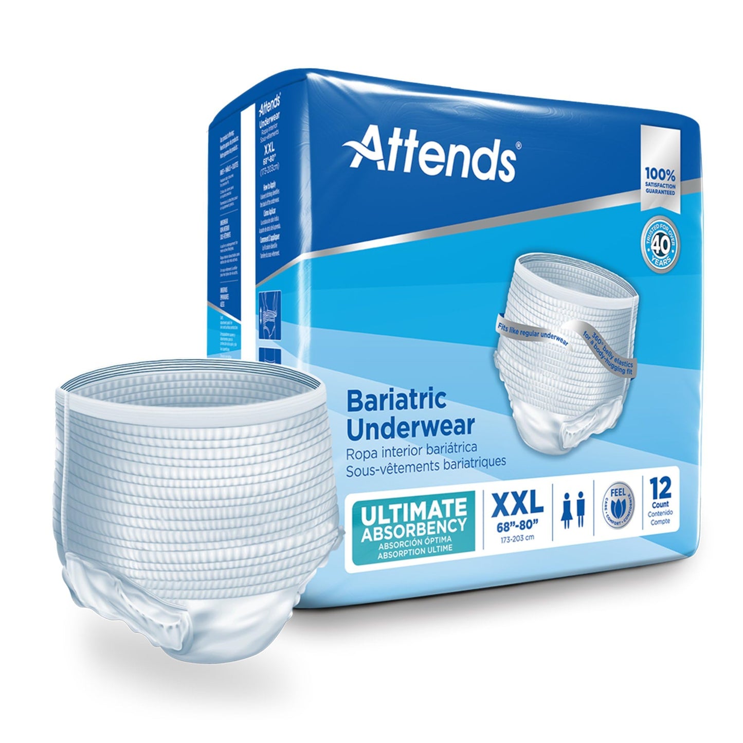 Attends Bariatric Adult Incontinence Underwear, 2X-Large (68–80”), [12 Count] – Overnight Absorbency for Men and Women, Disposable Pull-On Diapers with Tear-Away Sides, AU50