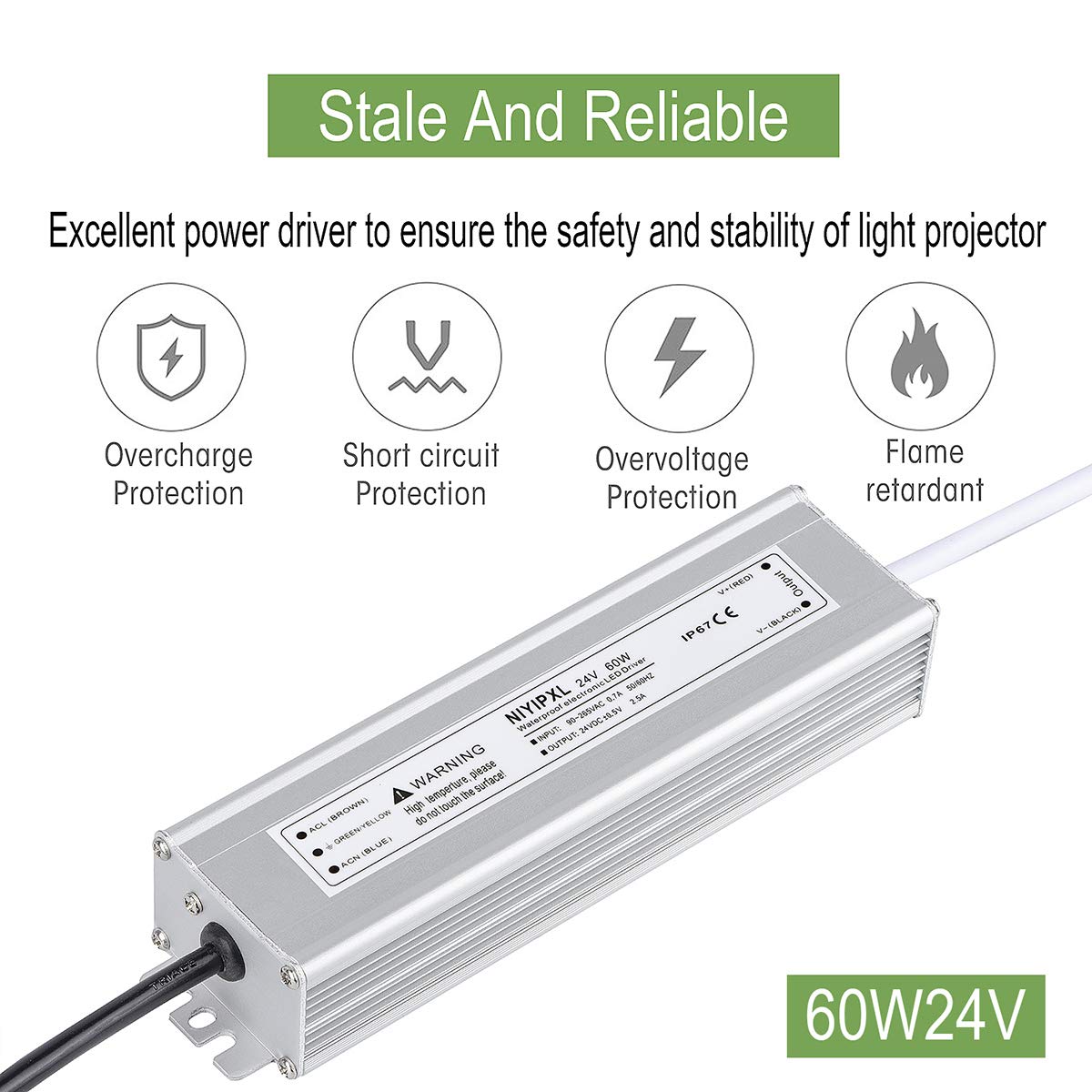 NIYIPXL LED Driver 60W 24V DC Power Supply, Waterproof IP67, 3-Prong Plug, 3.3 Feet Cable, Silver