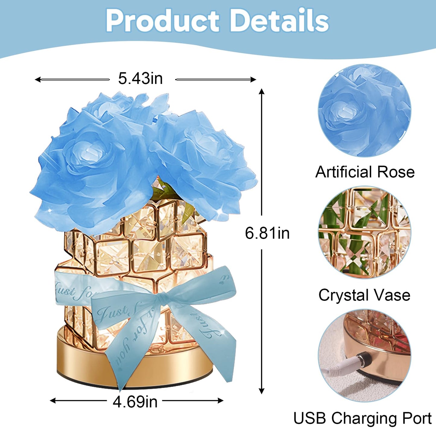 Onxe Romantic Rose Gifts For Girlfriend Wife Her Rechargeable Cordless Touch Crystal Table Lamp 3-Colour Infinitely Dimming Small Night Light ValentineS Day Anniversary Birthday Wedding Decor