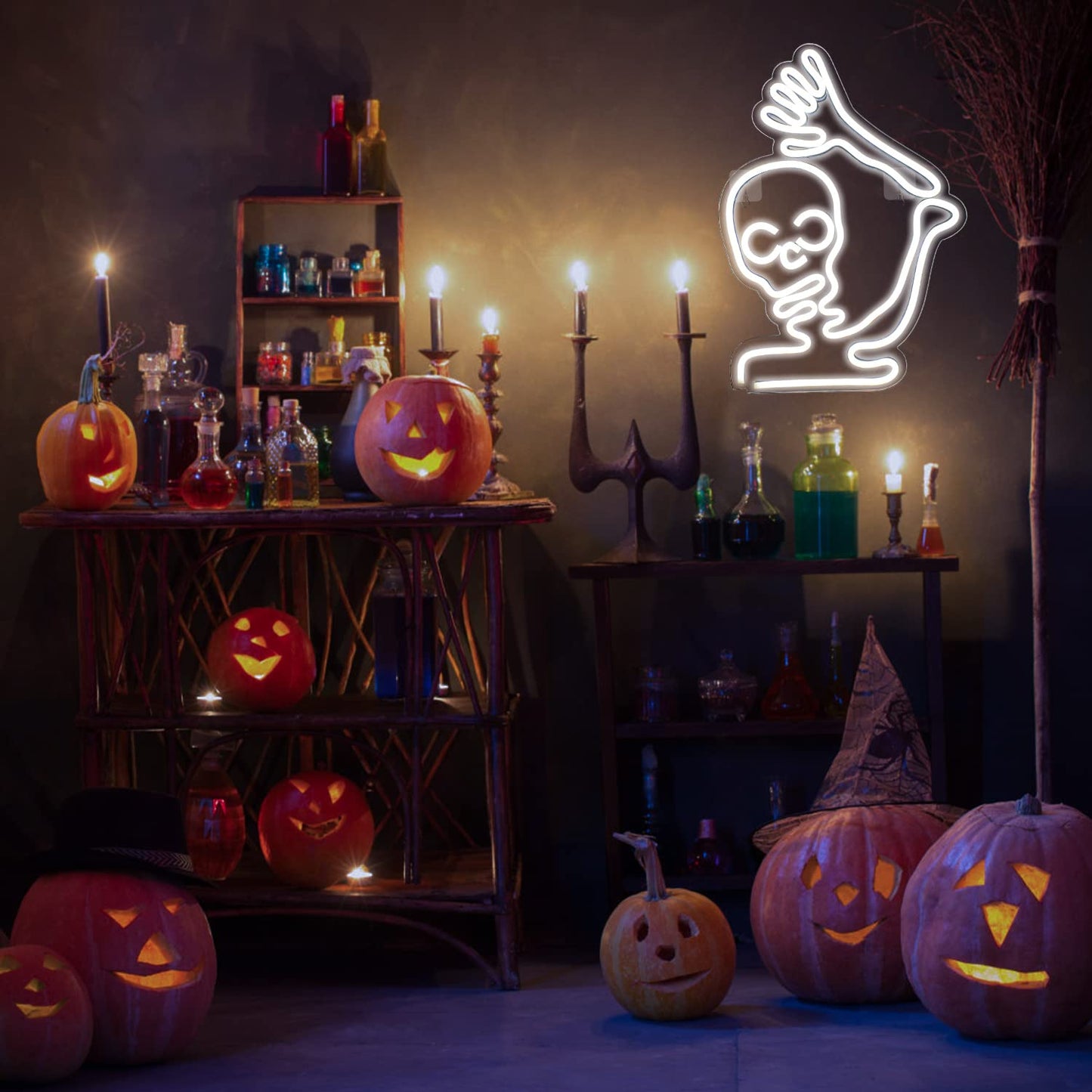 Faxfsign Skeleton Skull Neon Sign White Halloween Waving Ghost Led Light Up Signs For Wall Window Decor Usb Fun Lamp Neon Light Signs For Bedroom malt-inspired Bar Man Room Birthday Halloween Party Gifts