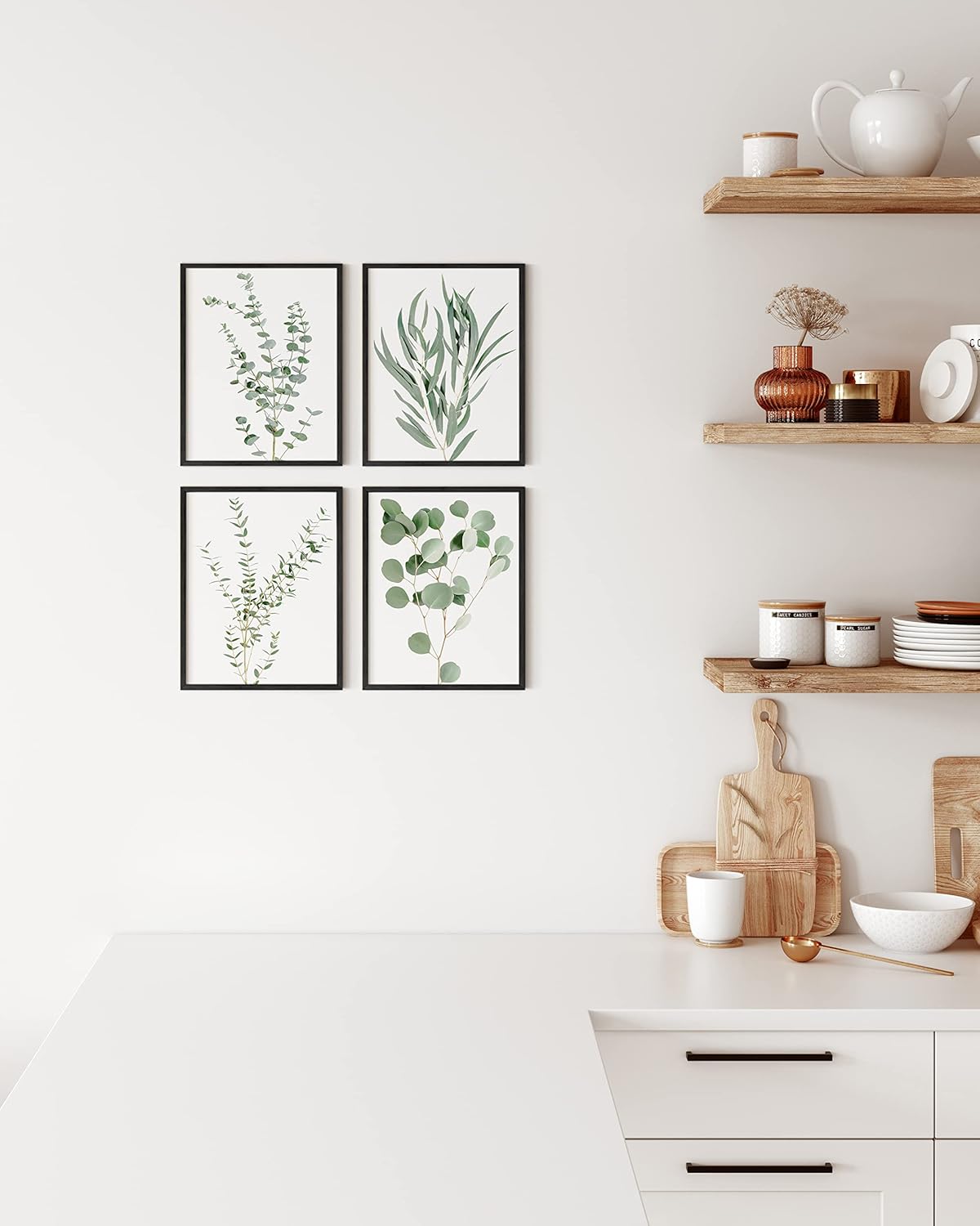 HAUS AND HUES Botanical Plant Wall Art Prints - Set of 4, Plant Wall Decor, Floral Kitchen, Flower Leaves Wall Art, Boho Eucalyptus Decor, Green Botanical Poster (8x10, Black Frame)