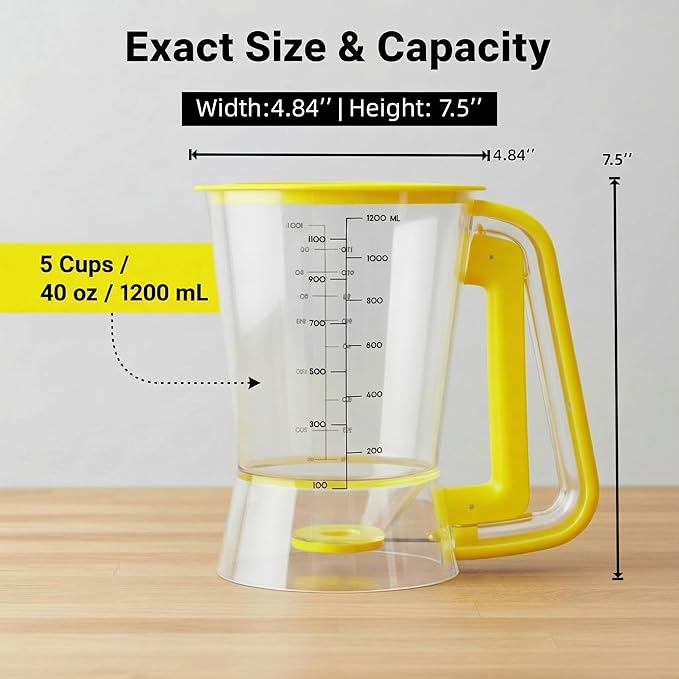 Pancake Batter Dispenser 5-Cup, Batter Pourer for Maker Pancakes, Waffles, Crepes, Muffins, Cupcakes, Easy Squeeze Grip Handle with Proof Nozzle, Precise Baking Tools
