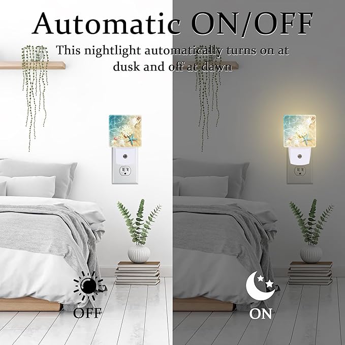 Starfishs Seashells and Coral Night Light, Summer Beach Sea Water Marine Life Dusk to Dawn Night Light Plug in,0.5w Energy Saving Sleep Friendly NightLight for Kids Boys Girls Home Decor