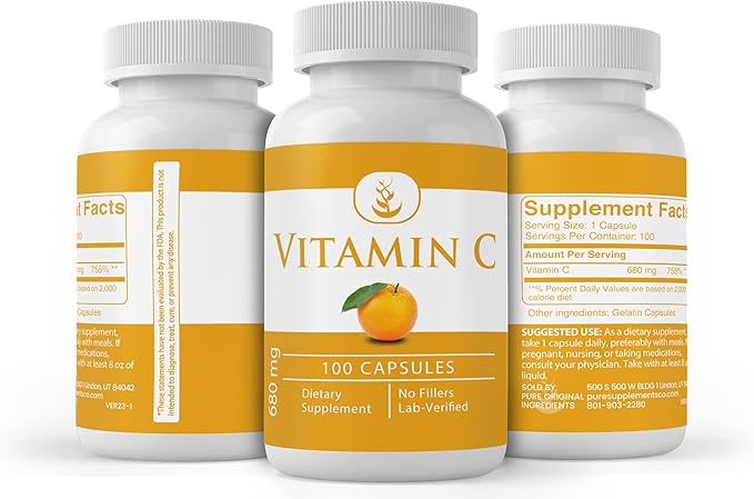 PURE ORIGINAL INGREDIENTS Vitamin C, (100 Capsules) Always Pure, No Additives Or Fillers, Lab Verified