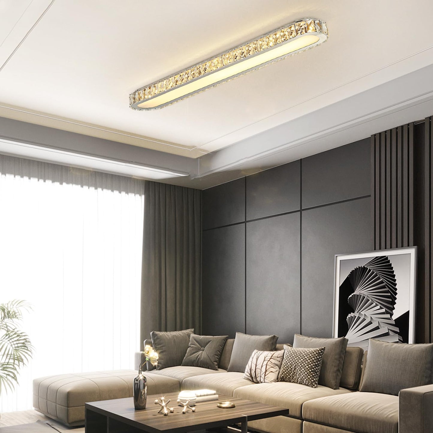 Qcyuui Dimmable Led Ceiling Light 39.4 Kitchen Lighting Fixtures Ceiling Modern stylish Crystal Ceiling Light With Remote Chrome Long Ceiling Light Fixture For Kitchen Dining Room Hallway 48W