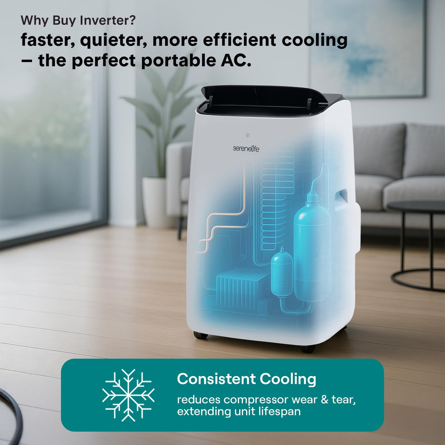 Serenelife 14000 Btu Ultra Quiet Portable Inverter Air Conditioner, Smart Cooling & Heating With Wifi, Energy Efficient, For Bed