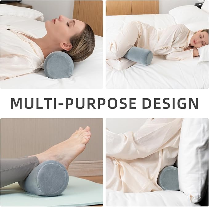 Cervical Neck Pillow with 2 Pillowcases Roll Memory Foam Support Round Pillows for Pain Relief Sleeping, Bed, Legs, Back and Yoga 17 x 4.5 Inches