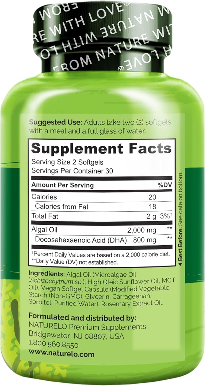 NATURELO Vegan DHA - Omega 3 Oil from Algae - Supplement for Brain, Heart, Joint, Eye Health - Provides Essential Fatty Acids for Women, Men and Kids - Complements Prenatal Vitamins - 60 Softgels