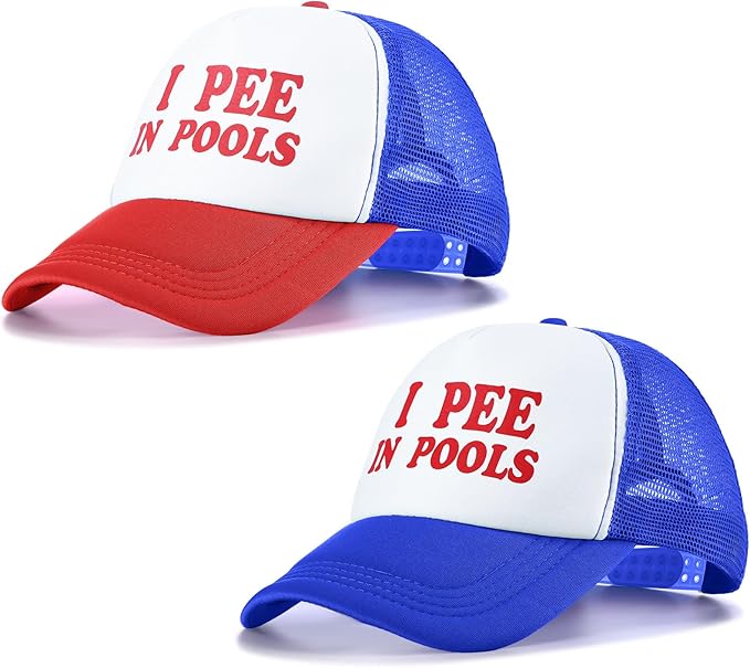 Jiuguva 2 Pieces Funny Trucker Cap I Pee in Pools Hat Funny Dare Gag Gift Joke American Flag Hat