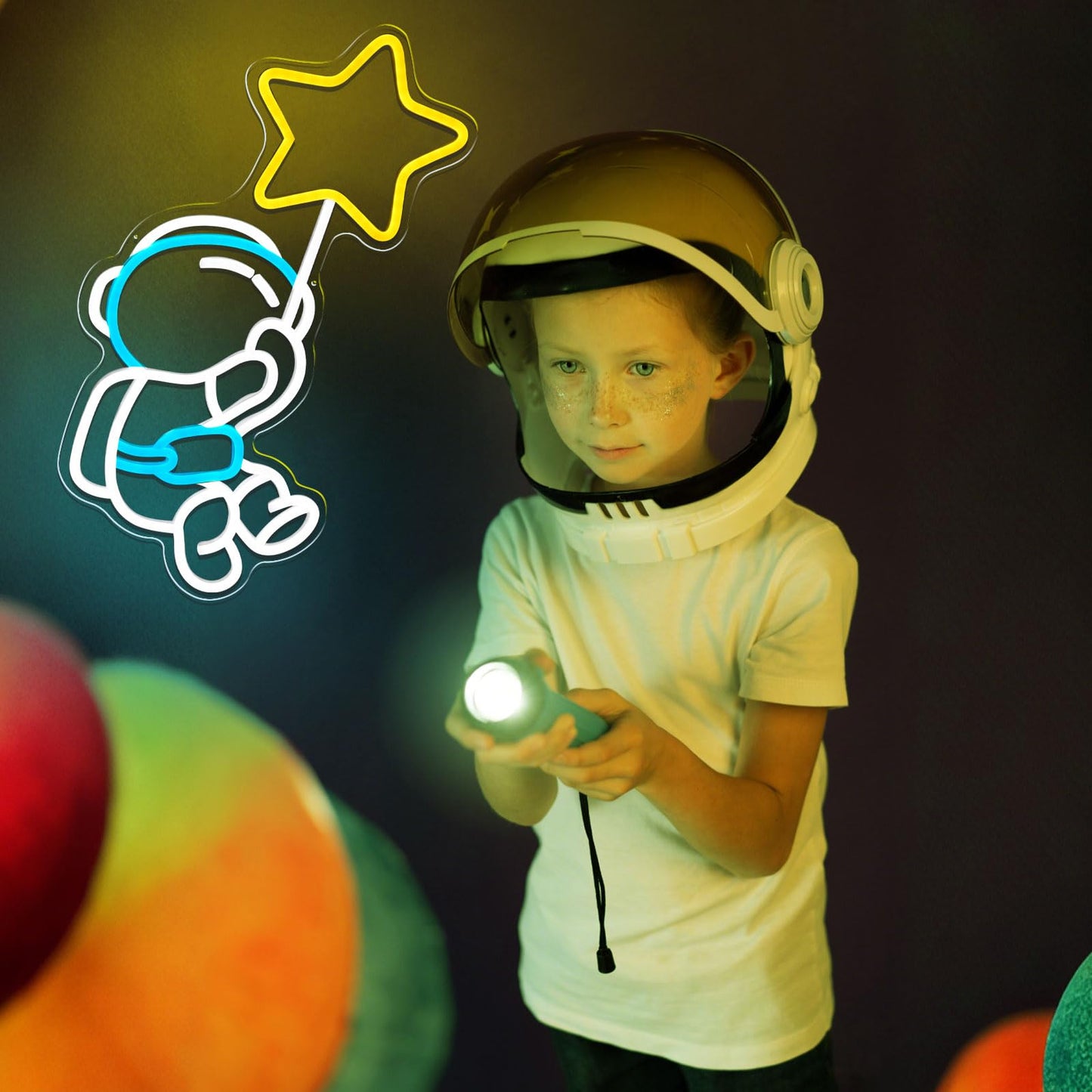 Astronaut Star Neon Sign Spaceman Led Neon Light For Wall Decor Dimmable Astronaut Holding Stars Signs Lights Space Decor For Boys Christmas Gift  Kids  Game Room  Man Cave