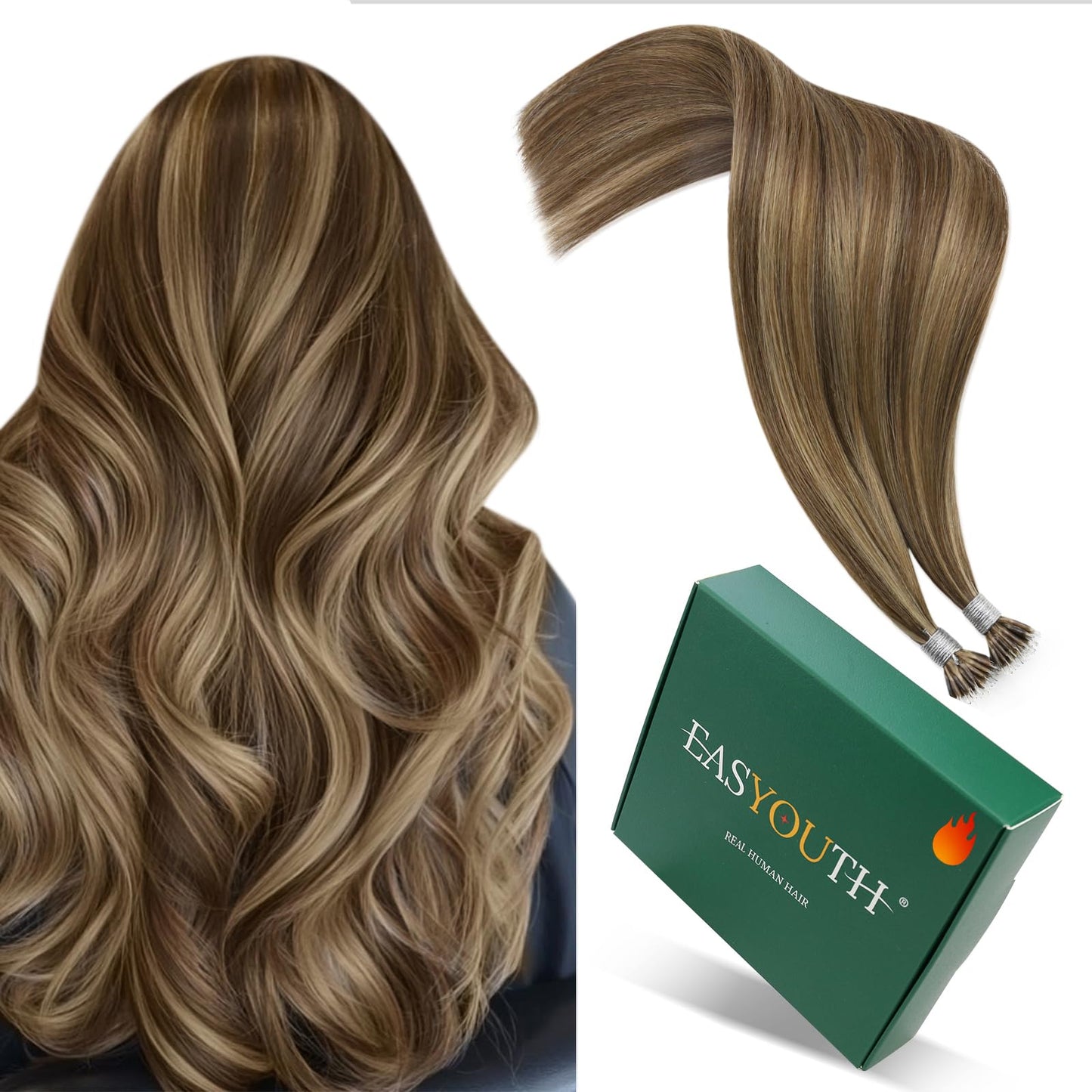 Easyouth Nano Hair Extensions Human Hair Highlight Nano Extensions Human Hair Brown with Blonde Highlight Nano Hair Extension Lo