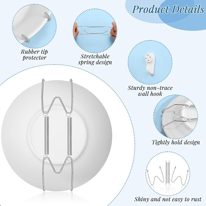 14 Pieces Plate Wall Hangers for Display - 6/8/10/12 Inch Invisible Plates Hanger, Stainless Steel Plate Holders with 14 Pieces Wall Hooks for 5.5 to 12.5 Inch Decorative Plates and Arts (Silver)