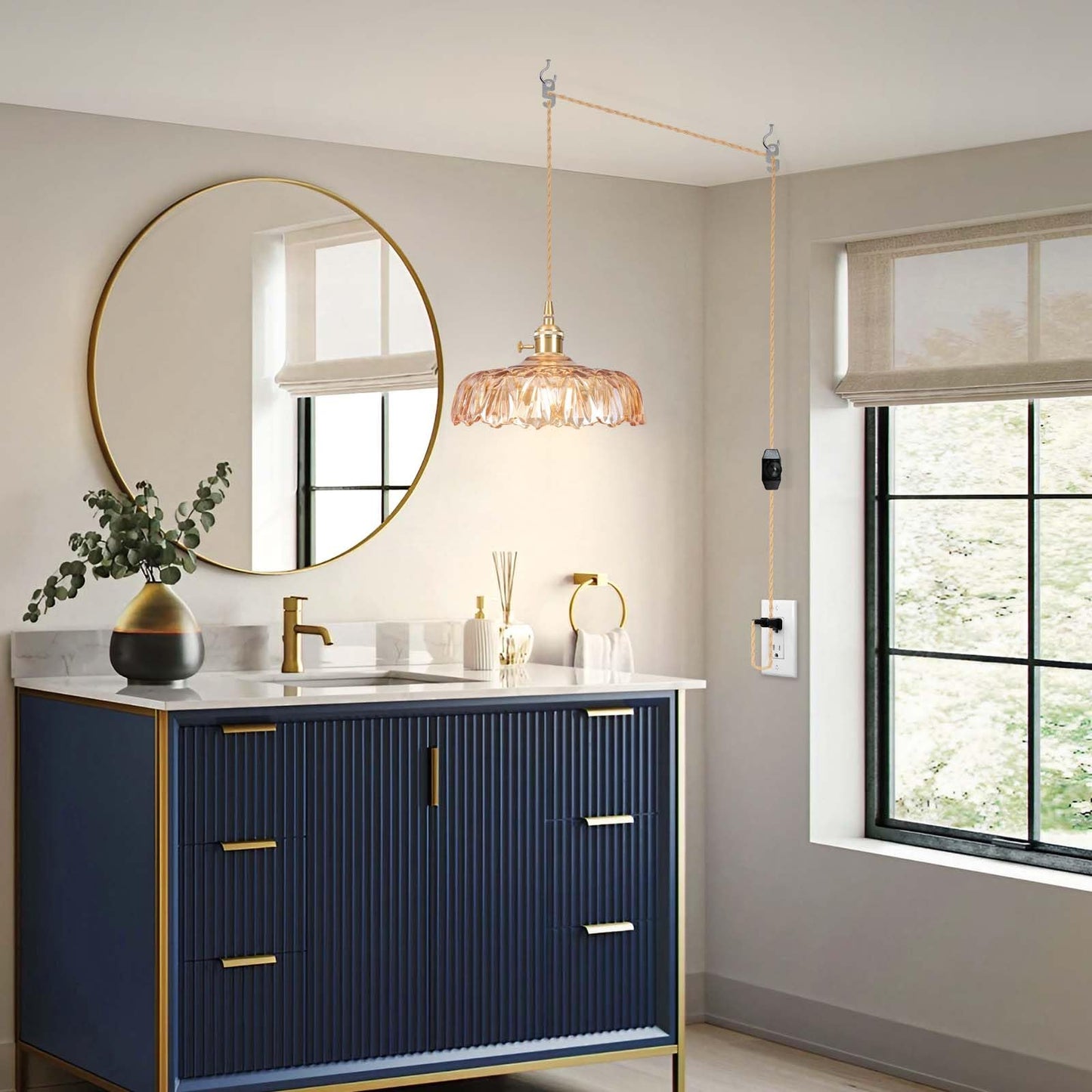 Loiogohot Plug In Pendant Light Fixtures Amber Glass Lampshade Pendant Lighting 9.4In E26 Hanging Light Fixturecorded On/Off Switch For Kitchen Island  Bedroom  Dining Room