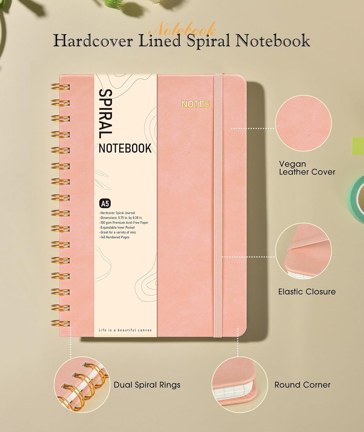 Dotted Spiral Journal Notebook, A5 Hardcover Spiral Journals for Women Men, 100 GSM Dot Grid Paper Notebooks, 150 Pages Spiral Bullet Dotted Notebook for Writing Note Taking 5.75" x 8.38", Blush Pink