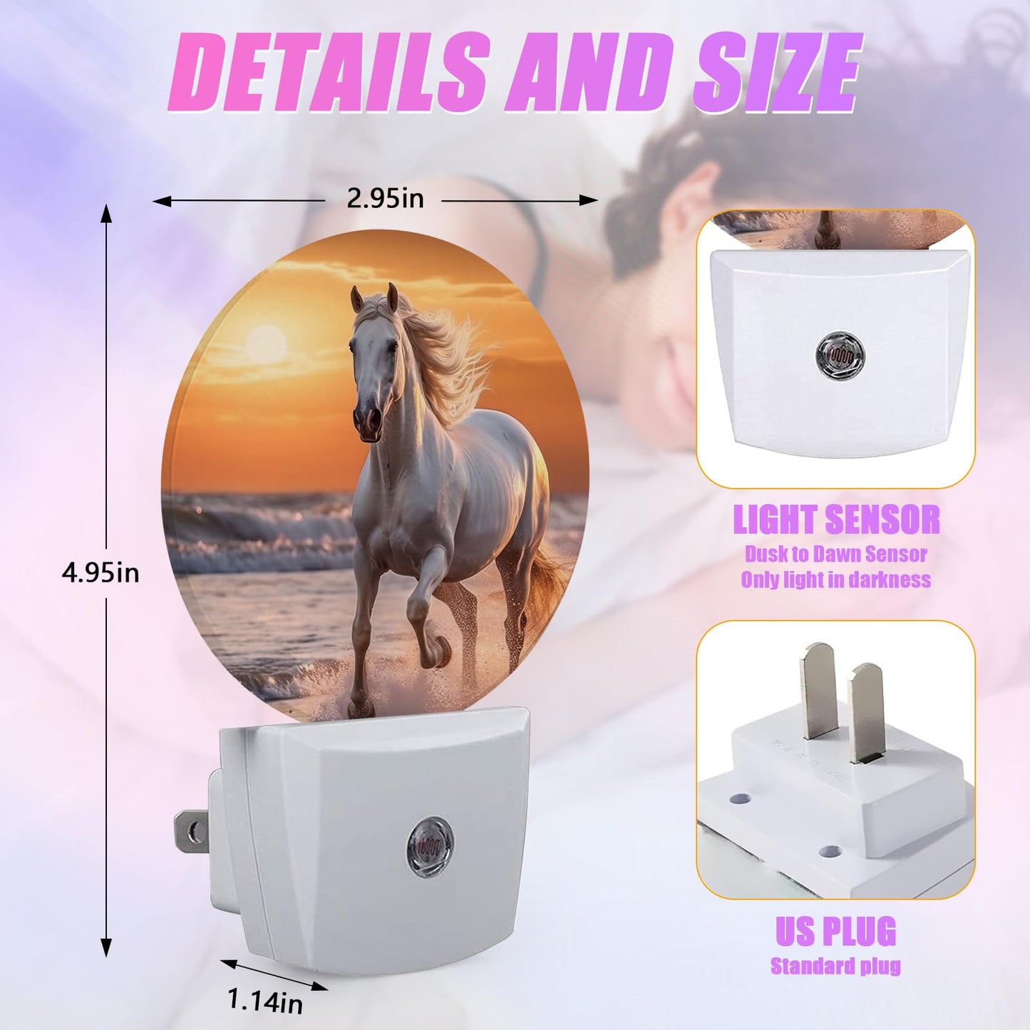 Gantinir Running Horse Night Light Sunset Night Lights Led Lamp Round Plug Into Wall Nightlight With Dusk To Dawn Sensor Home Hallway Stairway Kitchen Decor
