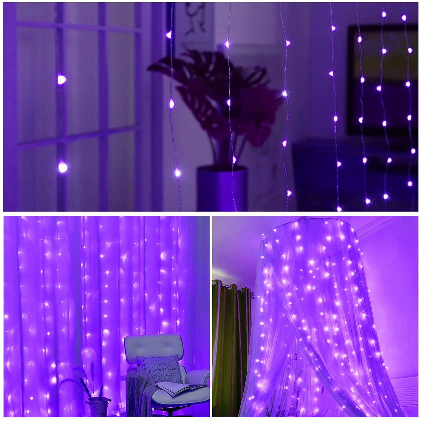 HOME LIGHTING Window Curtain String Lights, 300 LED, 8 Modes, USB Powered, Purple, Model: 78ee47ac-1dca-4f16-9396-269
