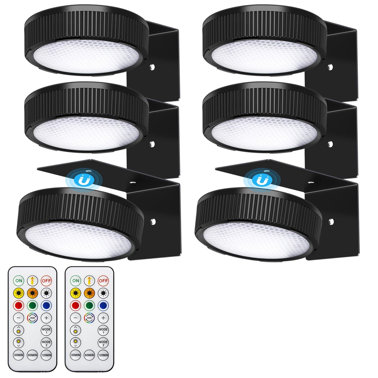 SIXDEFLY RGB Magnetic Suction Spotlight - Battery-Powered, Wireless, Remote Control, Adjustable Timer, 6 Pack, Black