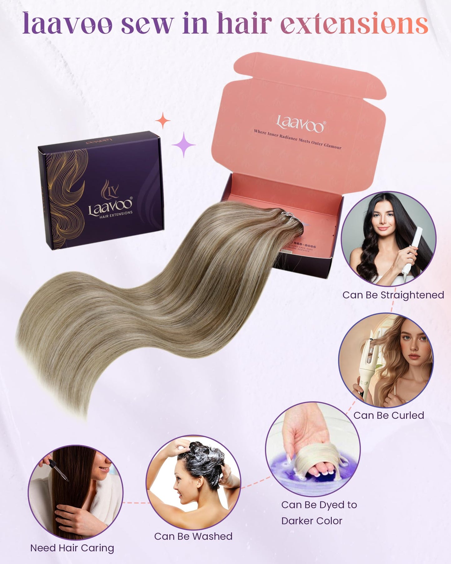 LaaVoo Human Hair Weft Extensions Seamless Weft Hair Extensions Brown Highlight Platinum Blonde Sew in Hair Extensions Real Huma