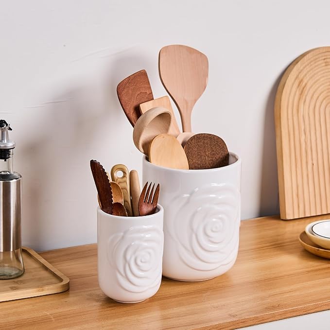 Large Utensil Holder Set of 2, 7.5"+ 5.5" - Ceramic Kitchen Countertop Utensil Crock for Spatulas, Spoons & Cooking Tools, Farmhouse Kitchen Counter Decor, White Rose