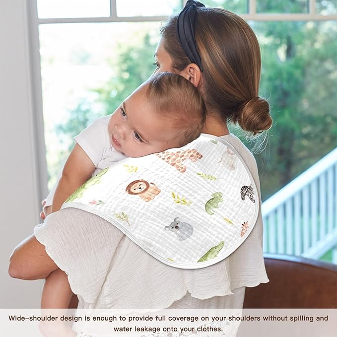 Muslin Baby Burp Cloths Set of 2, Soft Absorbent Safari Animals Muslin Washcloths, Bibs, Face Towel for Newborn Boys Girls, 22 x 11 Inch