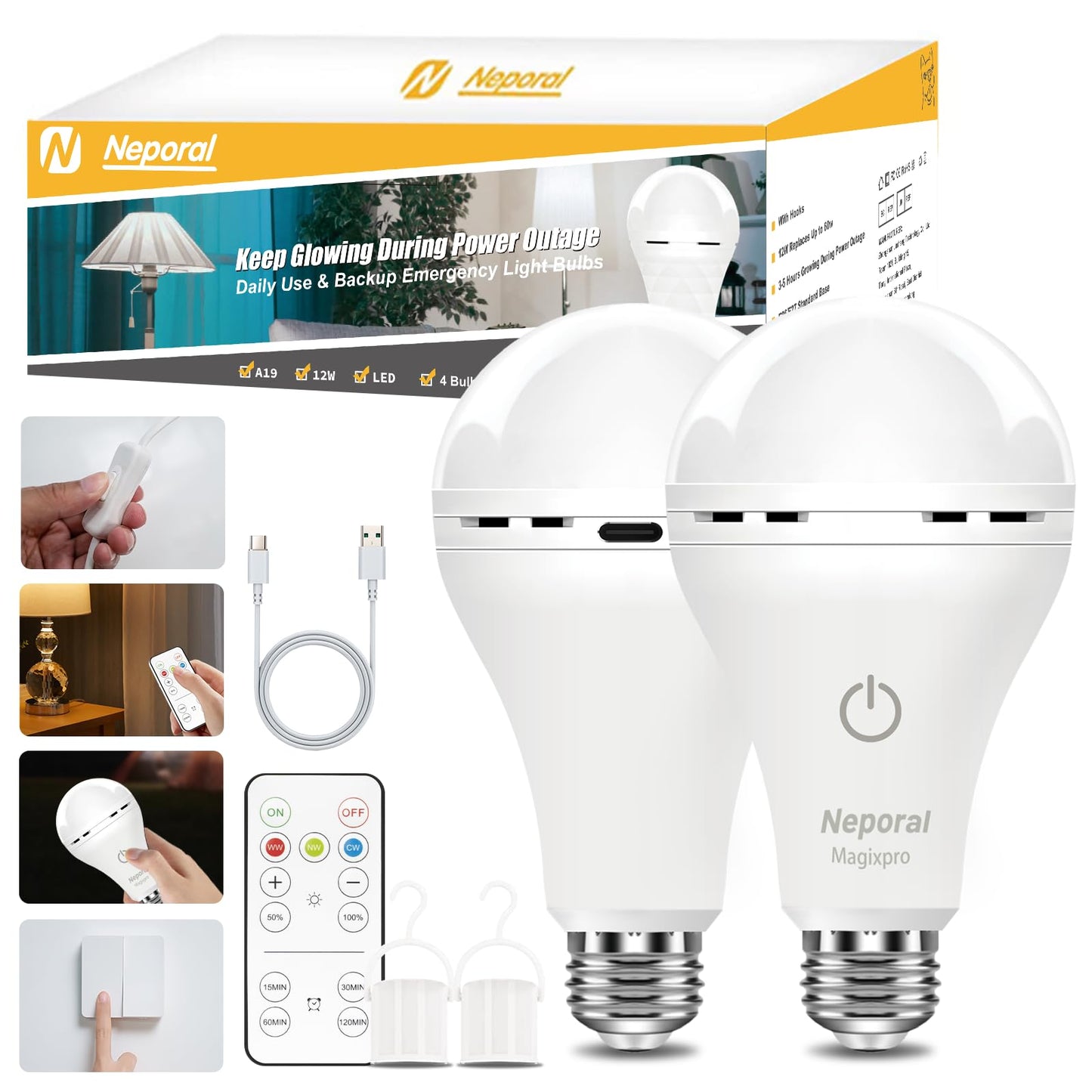 MagixPro Remote Rechargeable Light Bulbs, USB & Socket Charging, 1800mAh Battery, Dimmable LED Bulb for Hardwired & Non-wired Lamps Sconces, Touch + Remote Control, Wall Switch Compatible, 2 Pack
