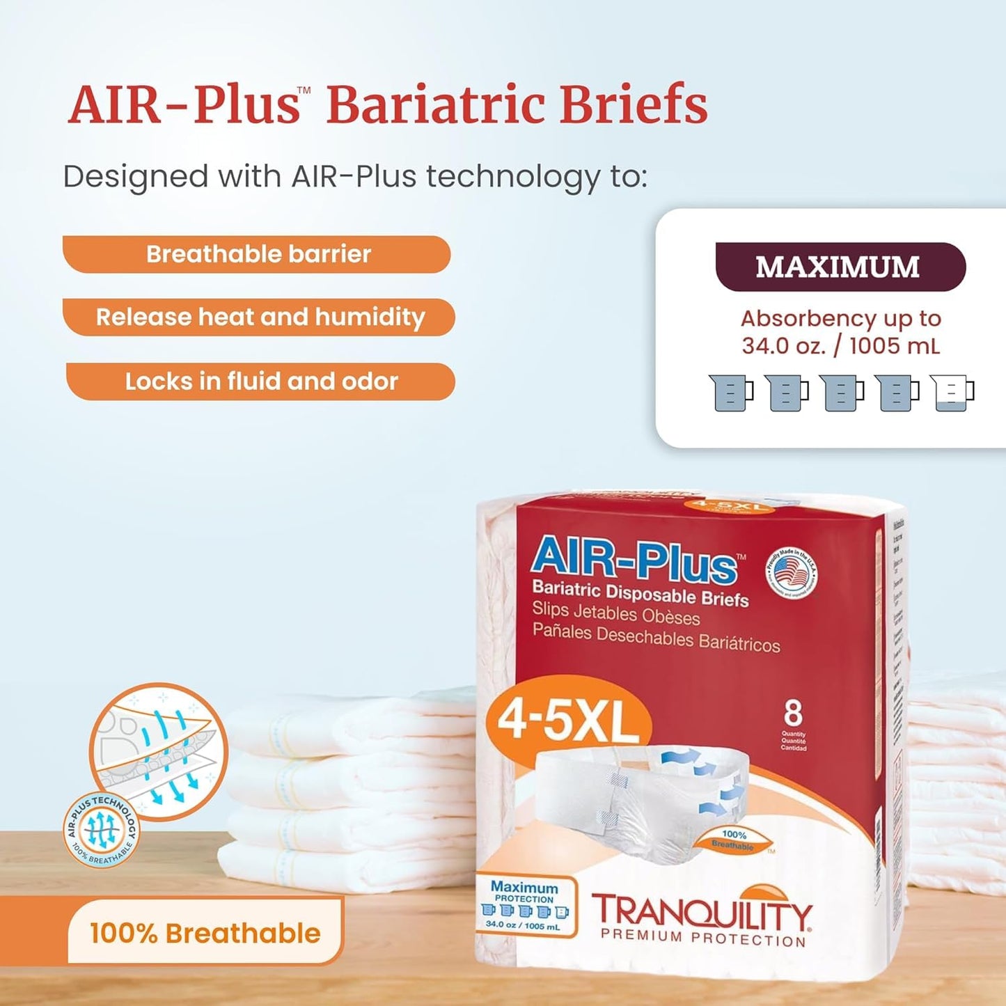 Tranquility AIR-Plus Breathable Bariatric Disposable Briefs - 4XL - 32 ct, White