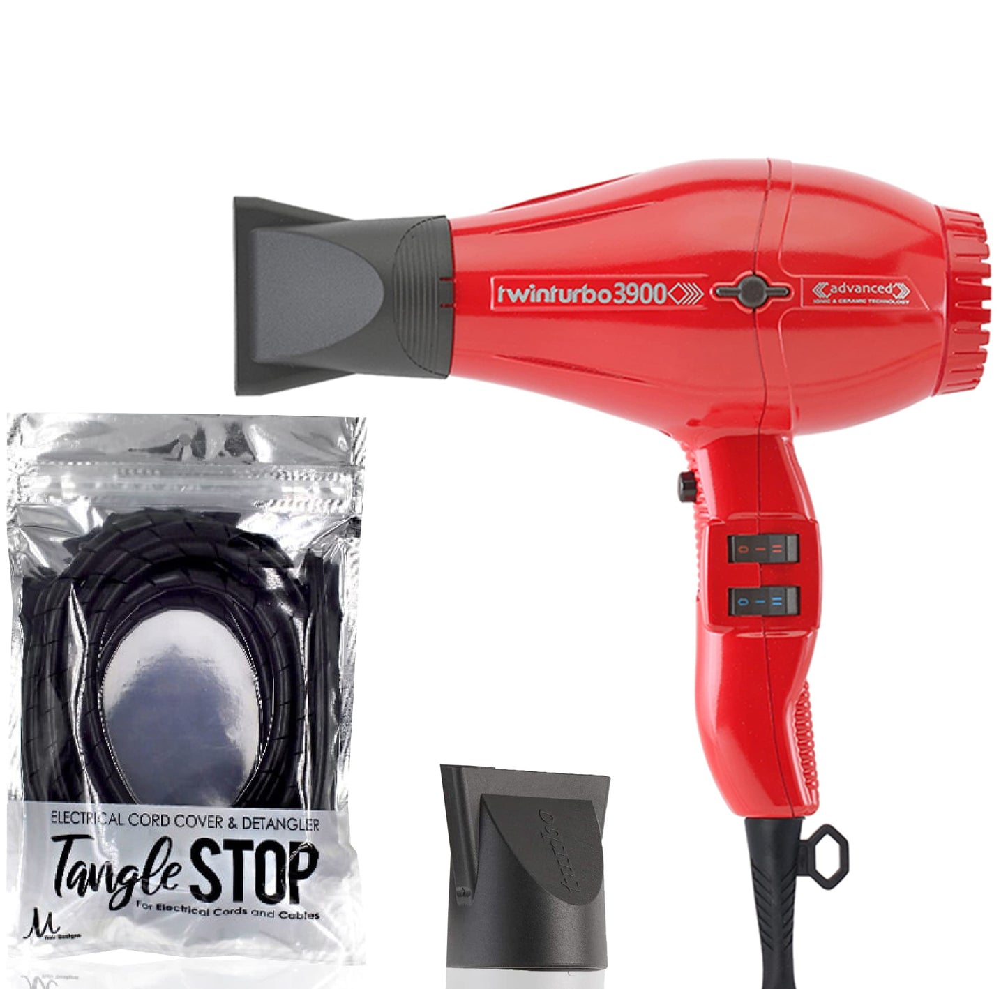 Turbo Power Twin Turbo 3900 Advanced Ionic & Ceramic Red Hair Dryer + M Hair Designs Tangle Stop Cord Detangler (Bundle) - Fast-