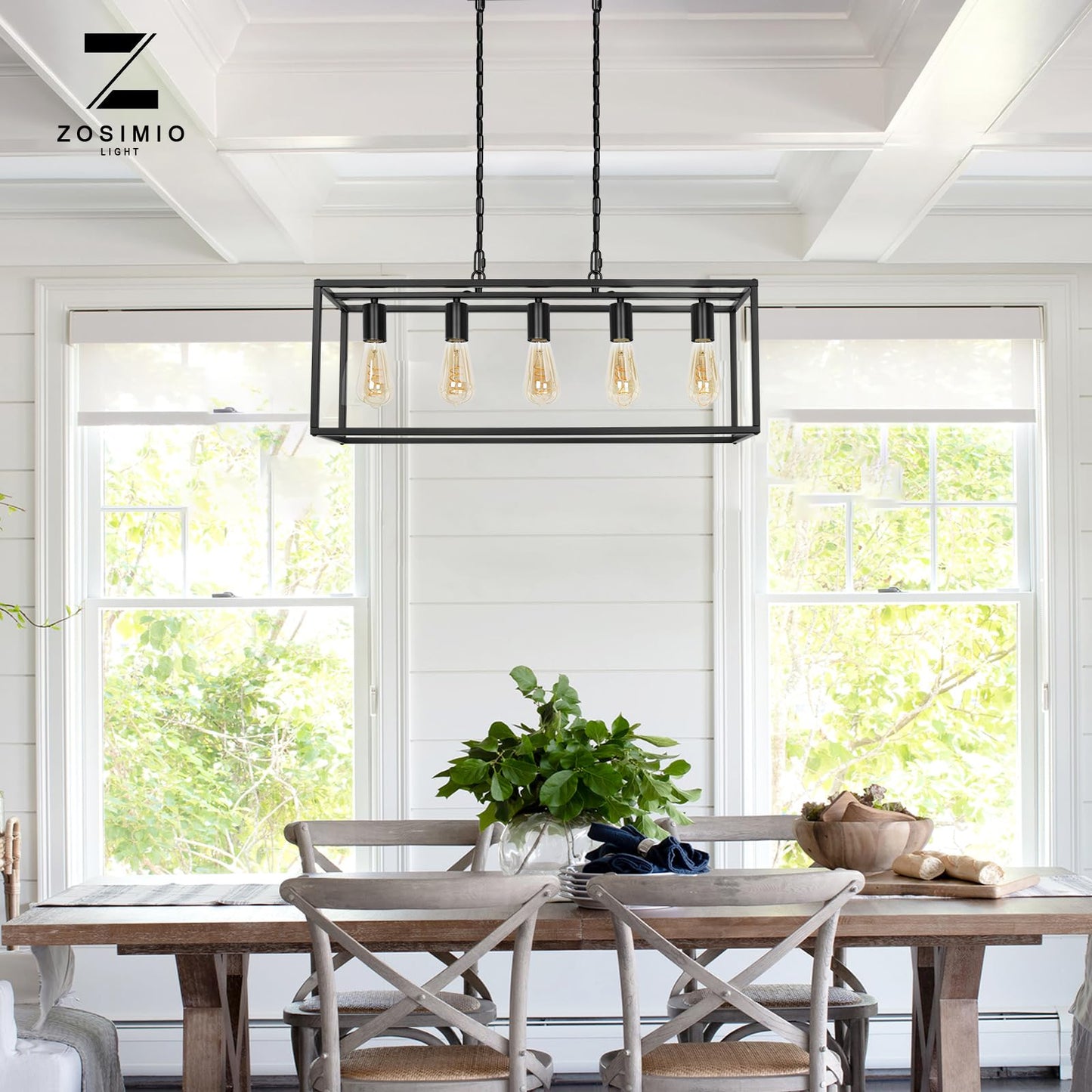 Black Farmhouse Plug In Kitchen Island Lighting  Industrial Modern 5-Light Linear Chandelier With 17.5Ft Cord  Rectangular Light Fixtures For Dining Living Room Bar