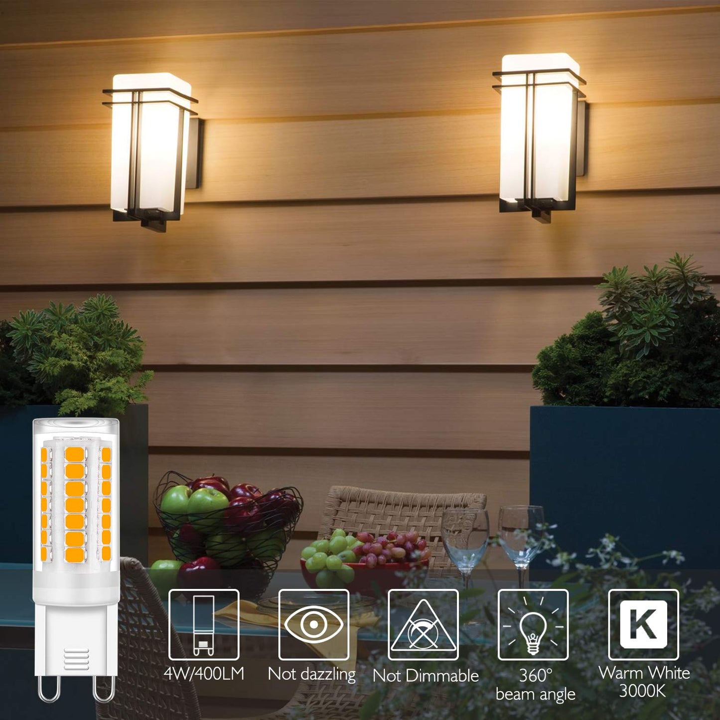 Yuiip G9 Led Light Bulb, 4W Equivalent, Warm White 3000K, 400Lm, Ceramic Base, 6 Pack