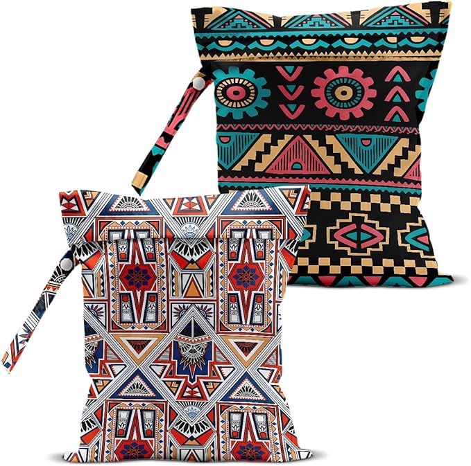 2Pcs Ethnic Print Wet Bags, Wet Dry Bag Reusable Zipper Pouch for Swimsuit, Diapers, Travel, Pool, Beach, Dirty Yoga Gym Clothes, Toiletries, Waterproof Birthday Christmas Gifts