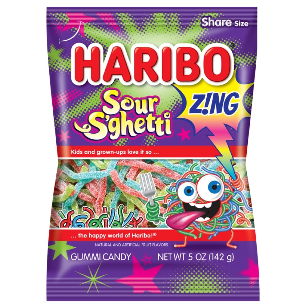 HARIBO Gummi Candy, Z!NG Sour Sghetti, 5 oz. Bag (Pack of 12)