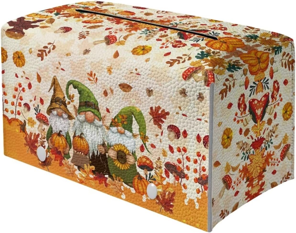 Thanksgiving Elf Pumpkin Leather Tissue Box Cover Maple Leaf Print Large Capacity Design Stain-Resistant PU Leather Rectangle Tissue Holder Fall Bathroom Decor 9.7"x5.2"x5.12"