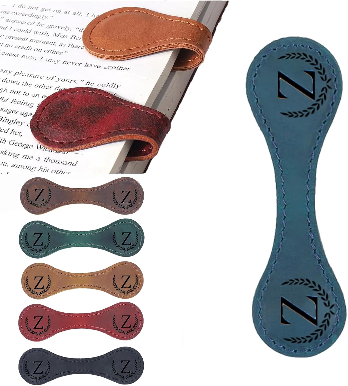 Personalized Magnetic Leather Bookmark, 26 Letters Custom Leather Bookmarks, Handmade, Leather Magnetic Bookmark for Book Lovers Readers Women Kid(Blue，Z）