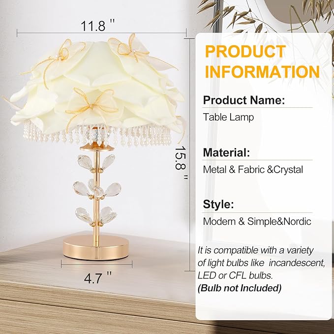 Cute White Table Lamp Girls Bedroom Modern Bow Desk Lamp Crystal Princess Bedside Light for Living Room Wedding Deco Study Room Entry Office