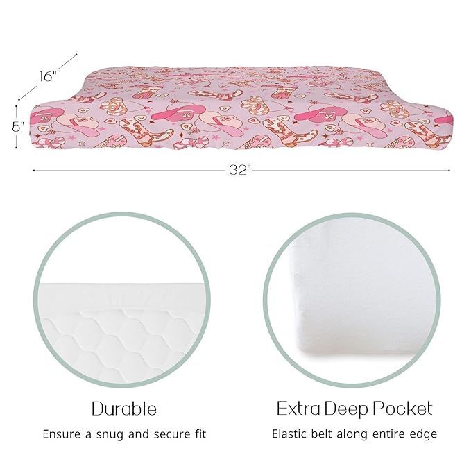 Western Cowgirl Yee Haw Hat Boots Changing Pad Cover for Baby Girls, Pink Cow Lover Star Wild West Diaper Change Table Covers, Soft Stretchy Safe Snug Fitted Changing Mat Sheets Fit 32