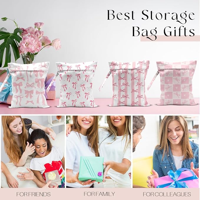 4 Pack Wet Bag for Swimsuit, Beach Travel Essentials Wet Dry Bag, for Sunscreen Toiletry Dirty Clothes Yoga Gym Diaper, Friend Summer Beach Vacation Gifts. Pink Bow Series