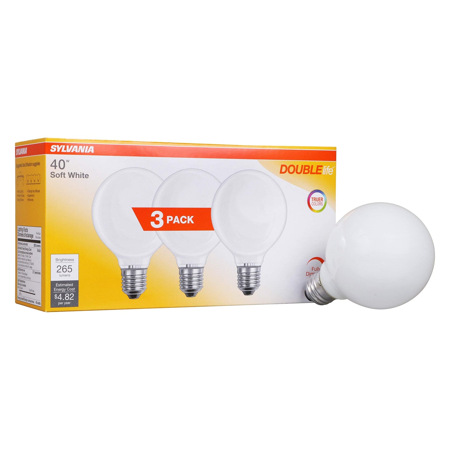 Sylvania Incandescent Double Life Décor Globe Light Bulb, 40W, G25, Medium Base, 265 Lumens, Frosted, 2850K, Soft White - 3 Pack (15345)