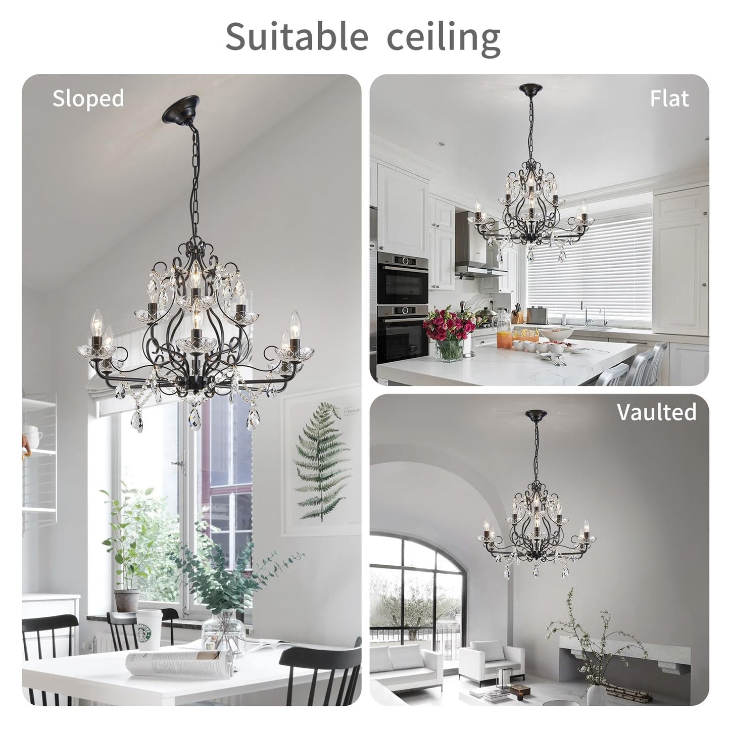 Wuzups 9-Light Crystal Candle Chandelier Pendant Flushmount Ceiling Light Modern Lighting Fixture For Bedroom Hallway Bar Kitchen Bathroom  H 18.1 X W 25.6  Black  E12 Base