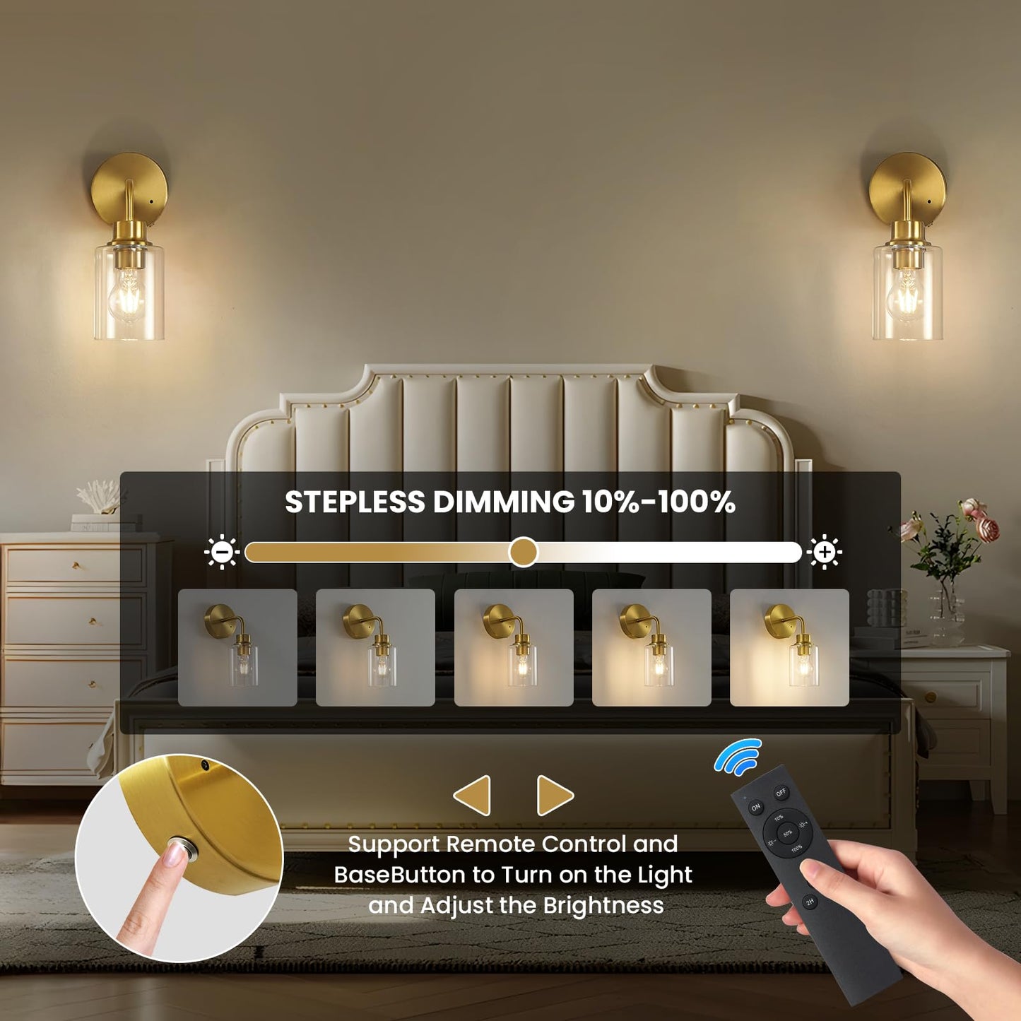 Epinl Battery Operated Wall Sconce Set of 2 - Dimmable Wireless Gold Glass Lights, Model 8210, Cordless Rechargeable for Home