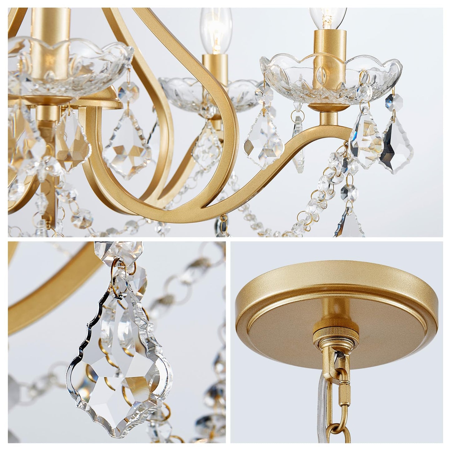 Wuzups Crystal 5-Light Candle Chandelier Pendant Flushmount Ceiling Light Modern Lighting Fixture For Bedroom Hallway Bar Kitchen Bathroom  H 20.9 X W 21.7  Gold  E12 Base