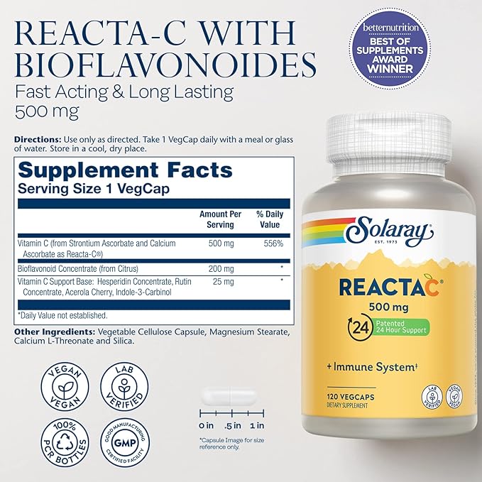 SOLARAY Reacta-C with 500mg Vitamin C, 200mg Bioflavonoid Concentrate, Immune System Defense Vitamins, Patented 24 Hour Immunity Booster Support Supplement, Vegan, 120 Capsules, 120 Servings.
