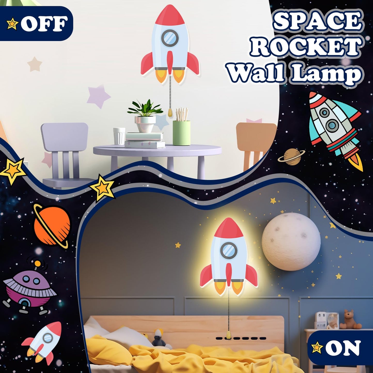 Aurelema Space Rocket Night Light Wall Lamp Sleeping Nursery Lighting Cute Floating Battery Operated Hanging Lamp For Baby Boys Girls Bedroom Room Nursery Wall Decorations