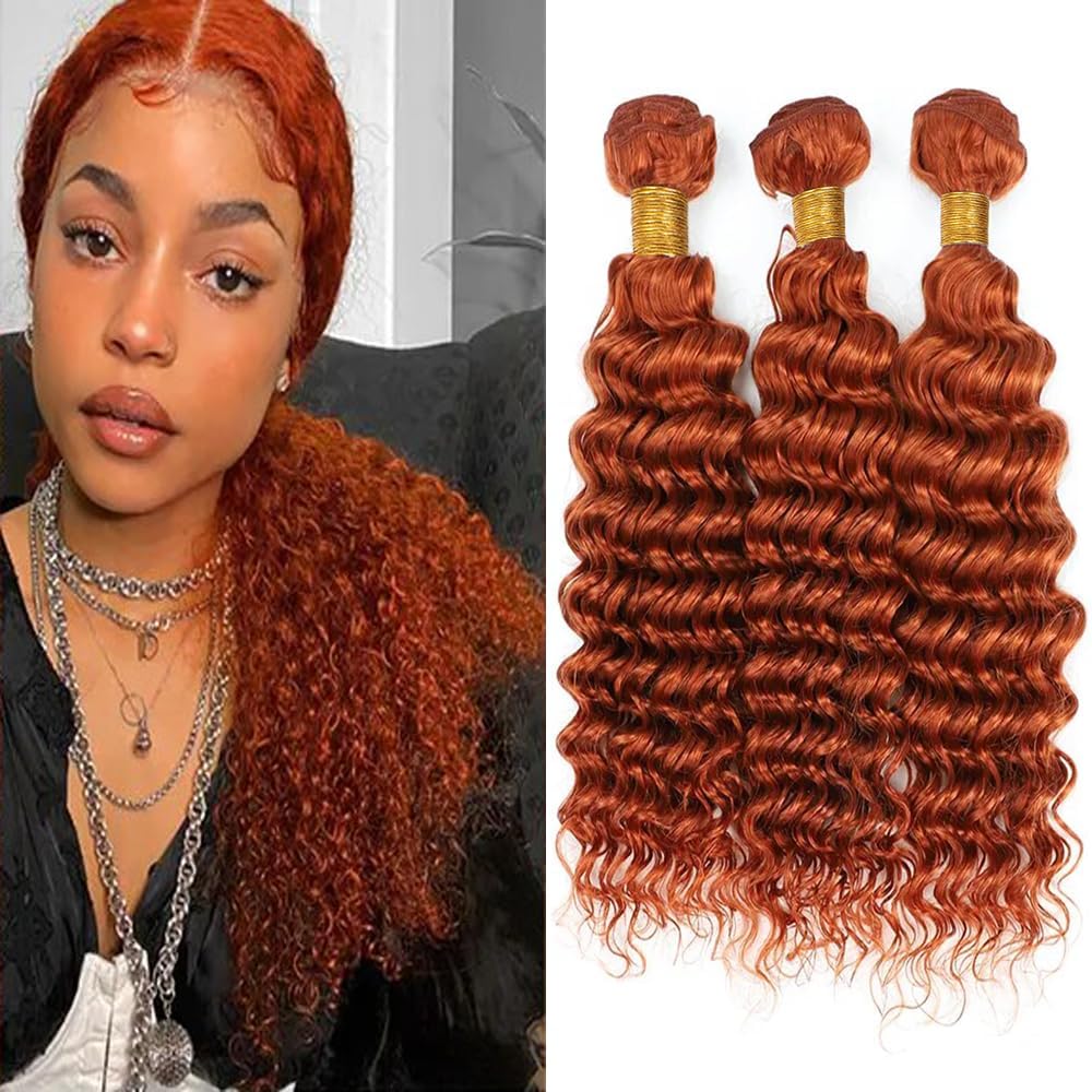 Peenoll 26 28 30 Inch Deep Wave Human Hair Bundles Ginger Orange 350 Weave Bundles Human Hair 12A Unprocessed Brazilian Virgin Q