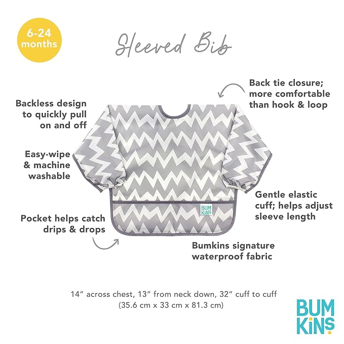 Bumkins Sleeved Bib, Waterproof Fabric, Gray Chevron, 2-pack