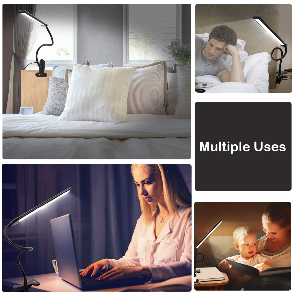 Cesunlight Clamp On Desk Lamp - 3 Color Temperatures, 10 Brightness Levels, Usb Power Supply, Black, Pack Of 2, Model B03