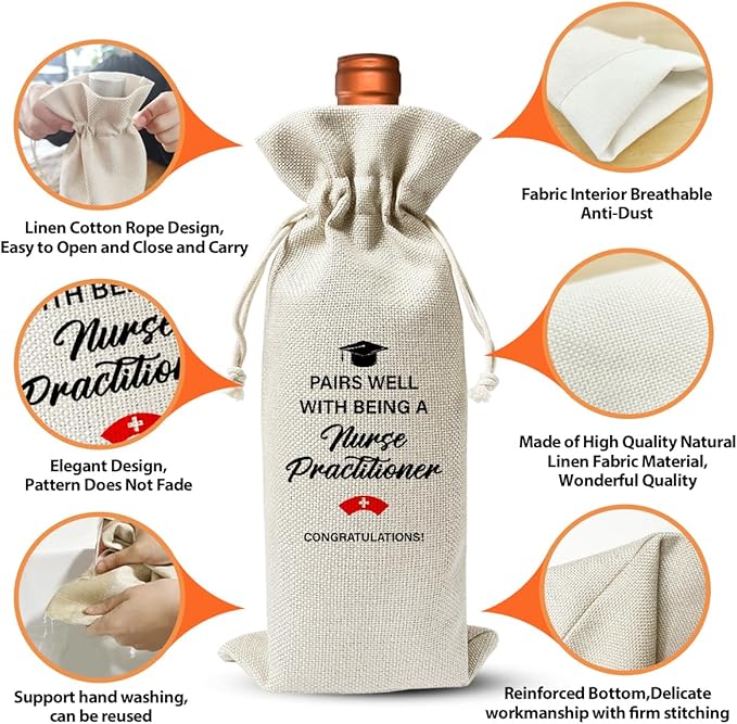Nurse Practitioner Wine Bag For Women Men, RN Graduation Party Supply Favor Decor, Med School Graduation Gift for Registered Nurse Residency PA BSN, Nurse Week Gift, Reusable Wine Bags With Drawstring