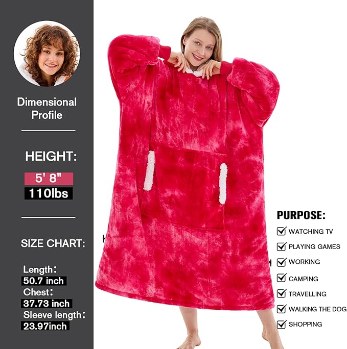 yescool Wearable Blanket Hoodie, Flannel Sherpa Fleece Blanket Sweatshirt for Adults Women Men,One Size Fits All