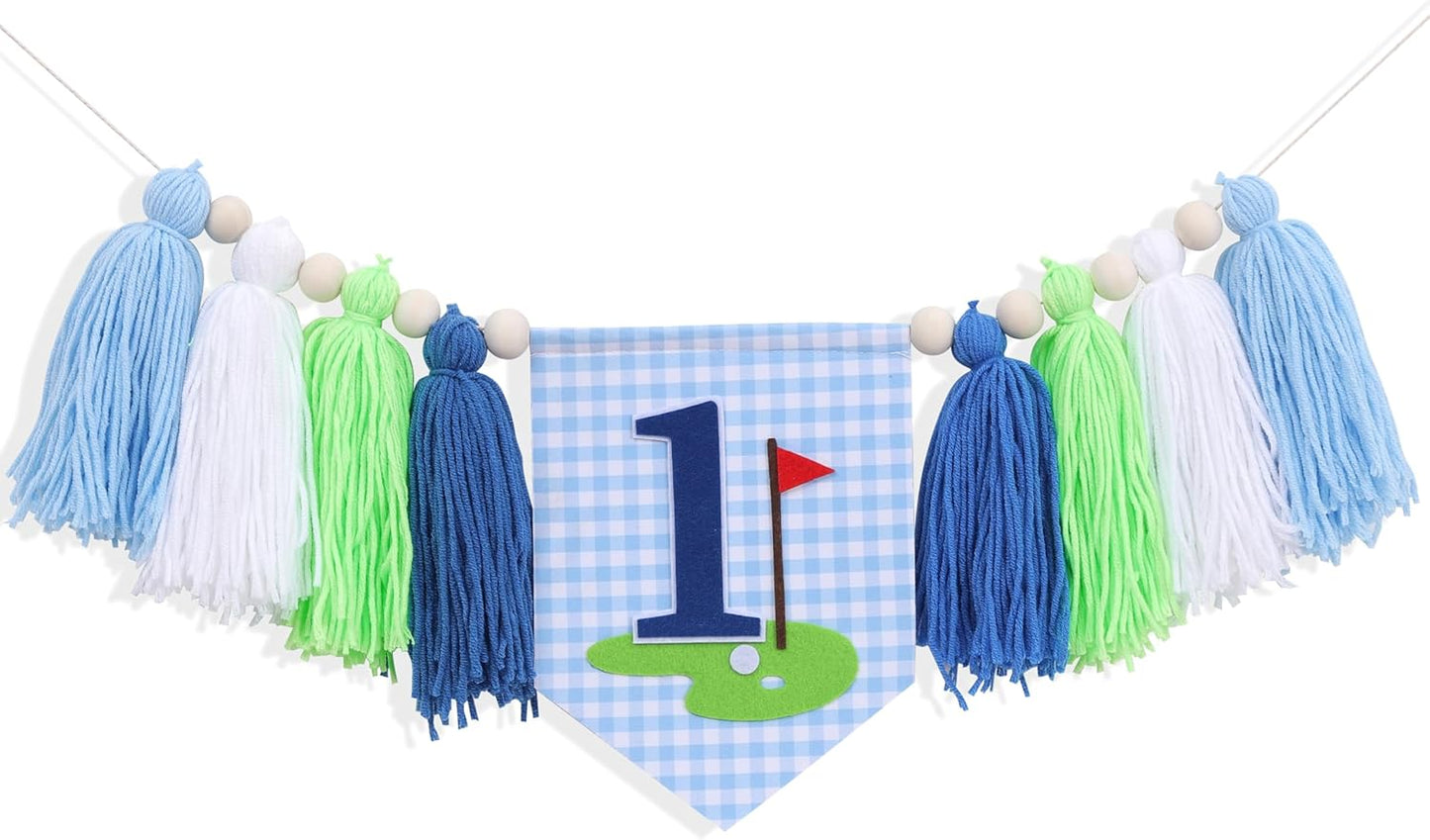 Golf 1st Birthday High Chair Banner - Hole in One Cake Smash Decorations, Golf Yarn Tassel Highchair Banner, Blue and Green Birthday Decor for Boys