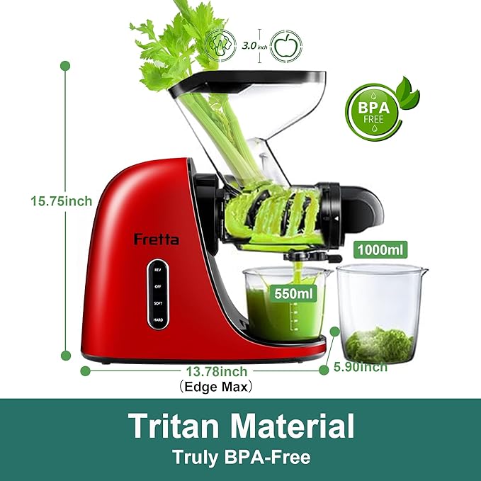Cold Press Juicer Machines, Fretta Slow Masticating Juicer, BPA-Free Juicers, Extractor de Jugos y Vegetales, 3-inch Large Feed Chute Juice Maker, Quite DC Motor, 200W,Perfect for Christmas gifts(Red)